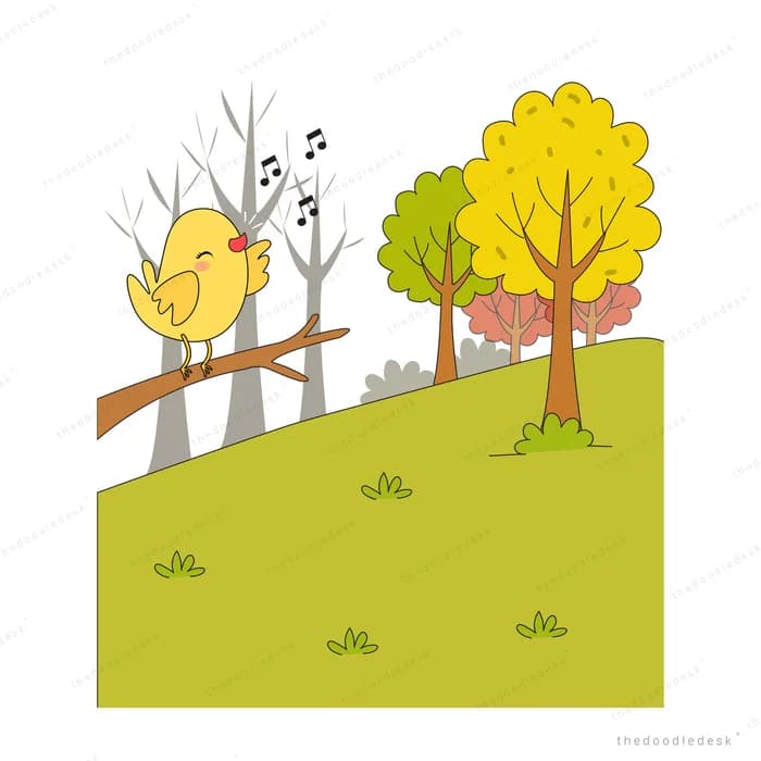 Yellow chick singing on a branch beside bare and autumn trees on a green hill