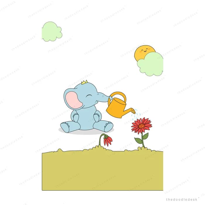 Baby elephant watering a wilting red flower with a watering can