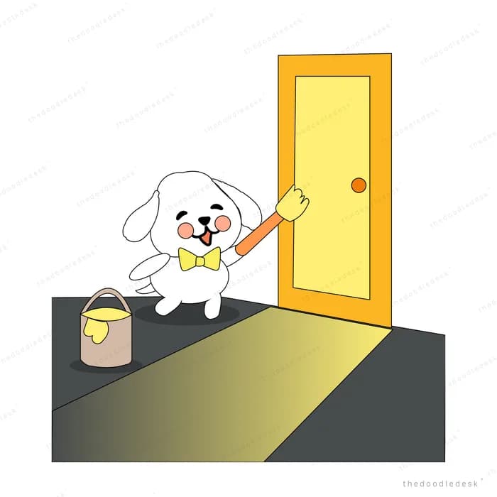 White dog painting a doorway yellow so light spills into the dark room