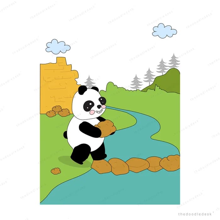 Panda laying stepping stones across a stream toward a green hill