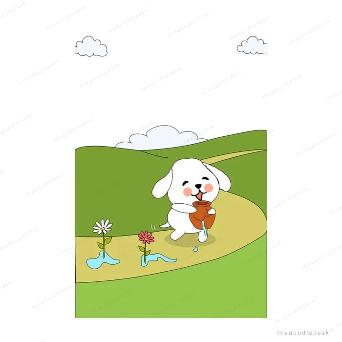 White rabbit carrying a carrot along a path over green hills