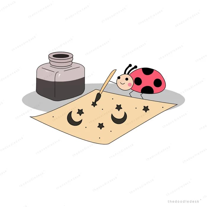 Ladybug painting brush strokes on a sheet of paper beside an inkwell