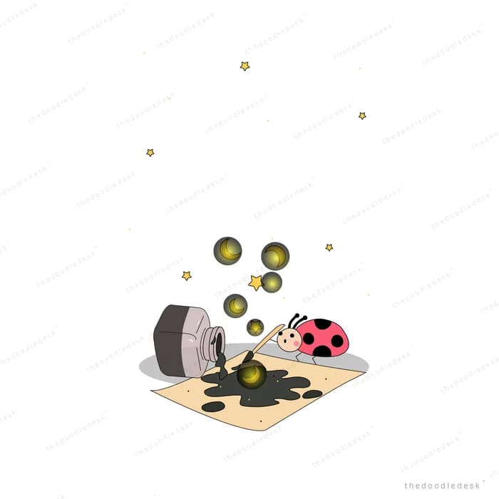 Ladybug beside a tipped-over inkwell spilling black ink across its paper
