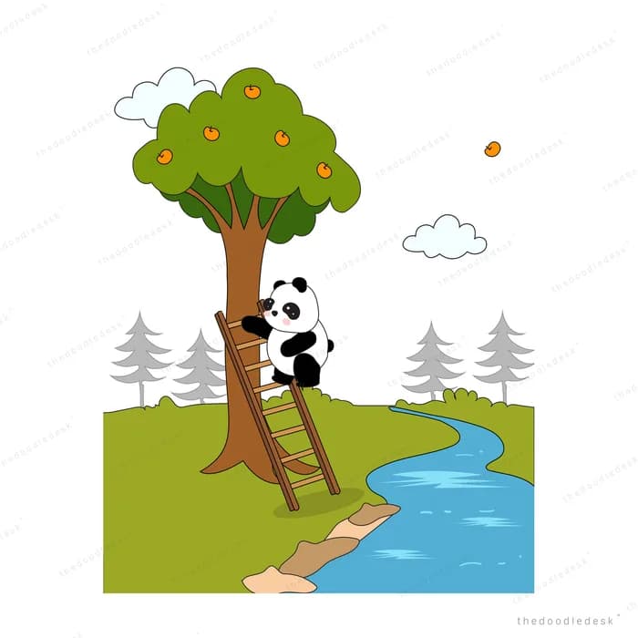 Panda on a ladder against an apple tree beside an uncrossed stream