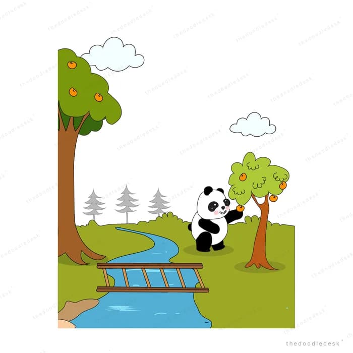 Pandas meeting across a wooden bridge built over the stream by the apple tree