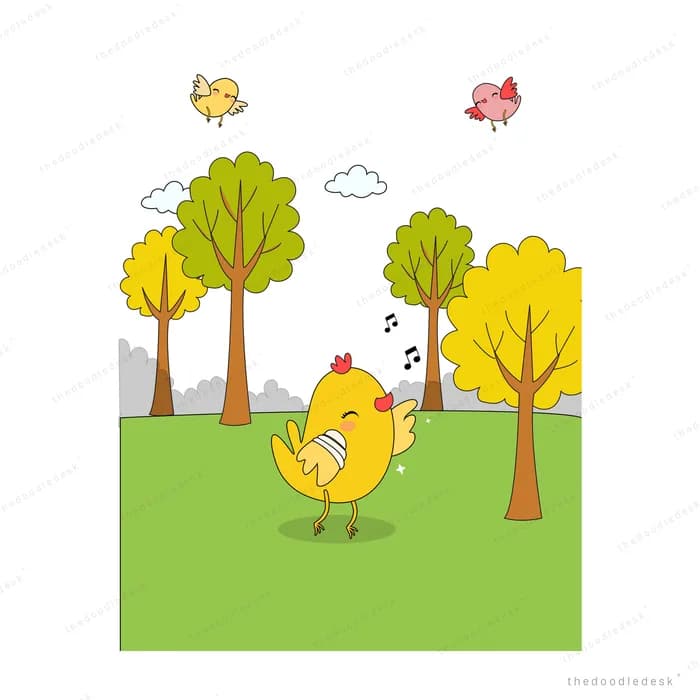 Chick singing on a green meadow while birds fly over the trees