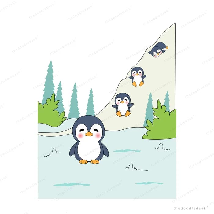 Penguins sliding down an icy slope onto the snow