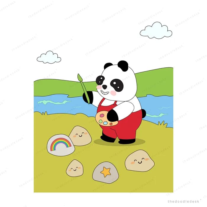 Panda in a red apron painting faces onto stones in a riverside meadow