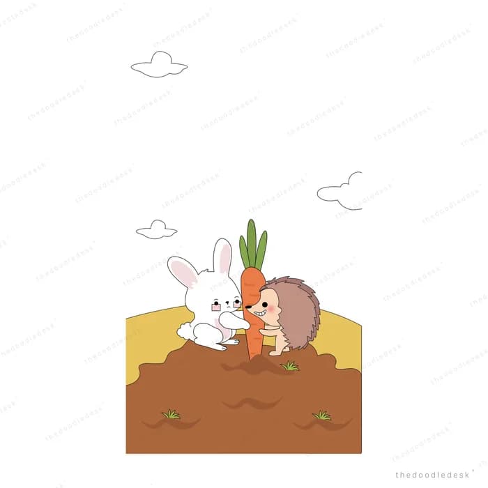 Two mice tugging a large carrot out of a mound of soil