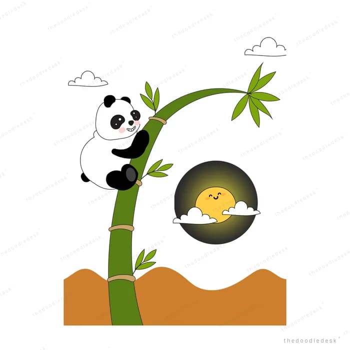 Panda climbing a bamboo stalk beside a dark circle framing a golden sunrise