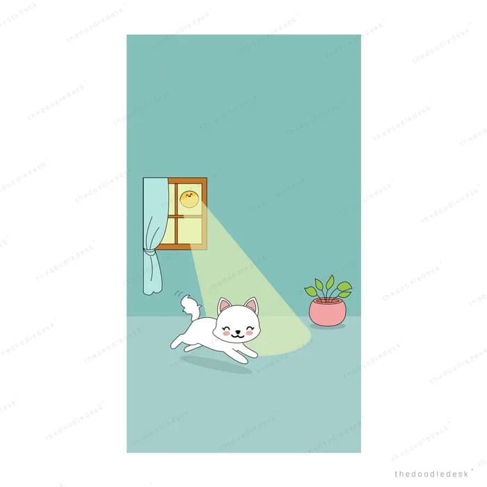 White dog stretching in a beam of sunlight from a window in a teal room