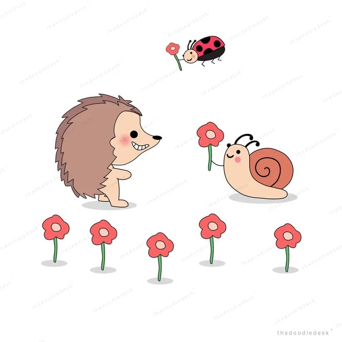 Dog racing a snail carrying another dog across a field of flowers