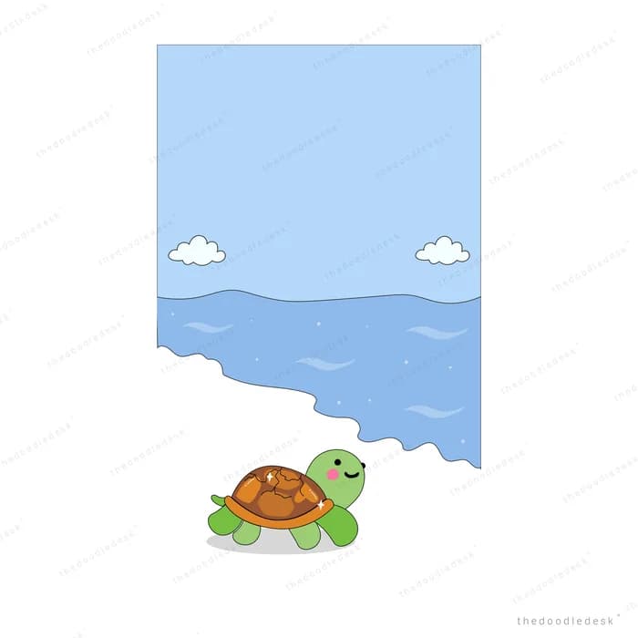 Small turtle at the shore of a wide blue sea