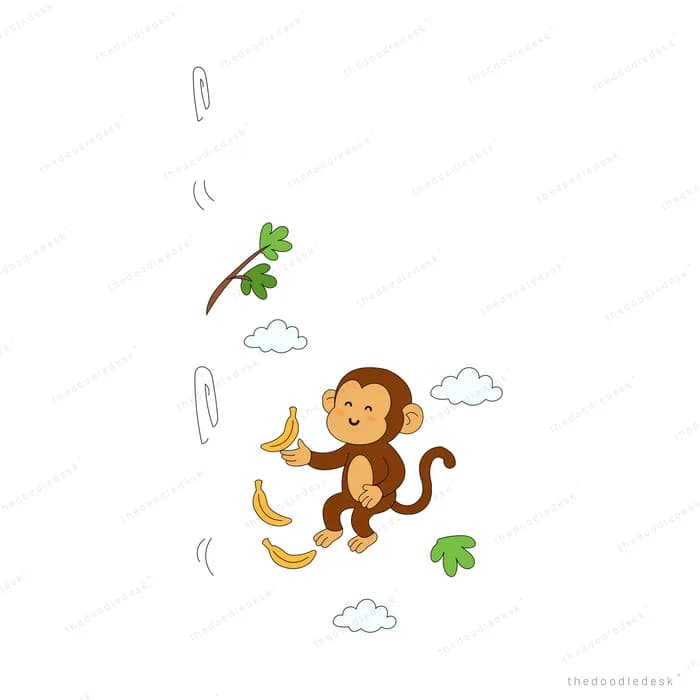 Monkey juggling bananas and banana peels in the air