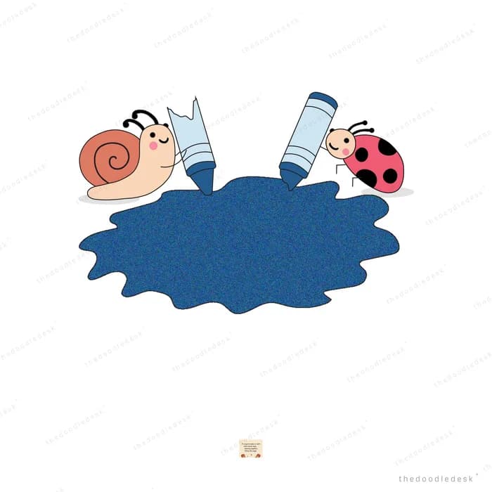 Snail and ladybug beside a large spilled pool of dark blue paint with brushes
