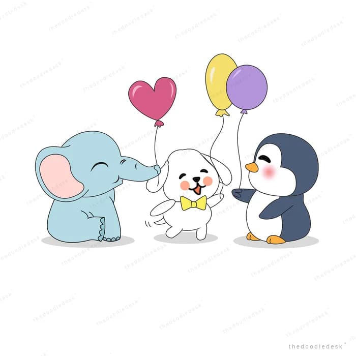 Elephant, white dog and penguin holding heart and round balloons together