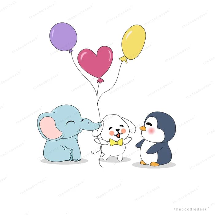 Elephant, white dog and penguin sitting under a bunch of balloons