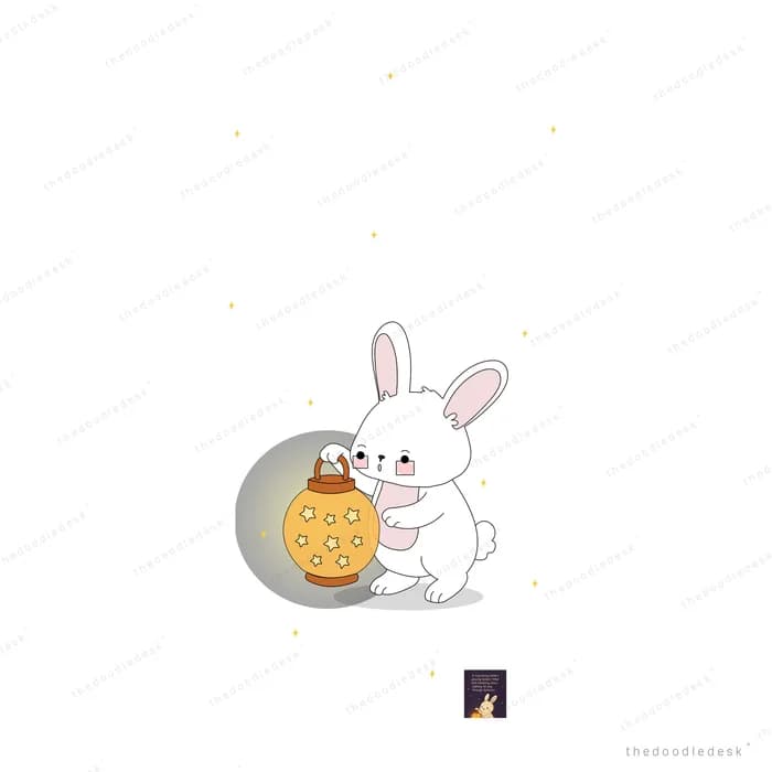 White rabbit holding a glowing orange paper lantern in the dark