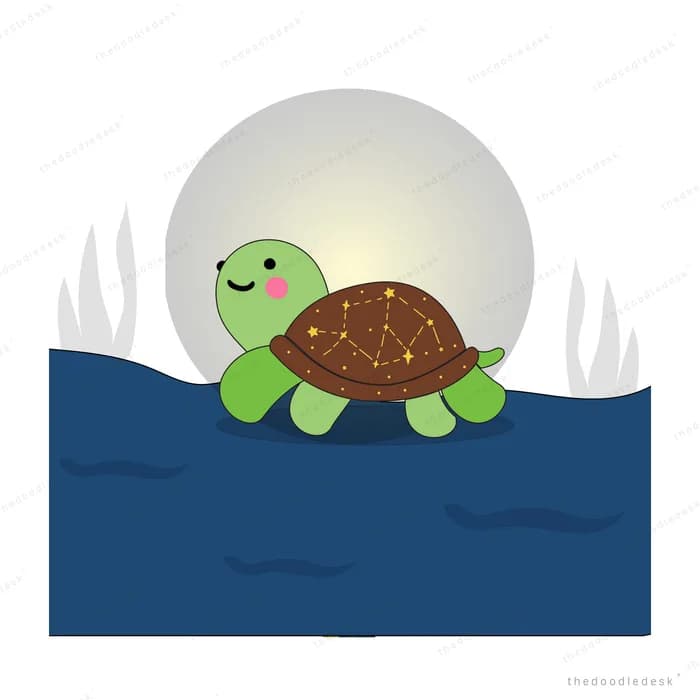 Turtle resting on a log in dark water before a large pale full moon