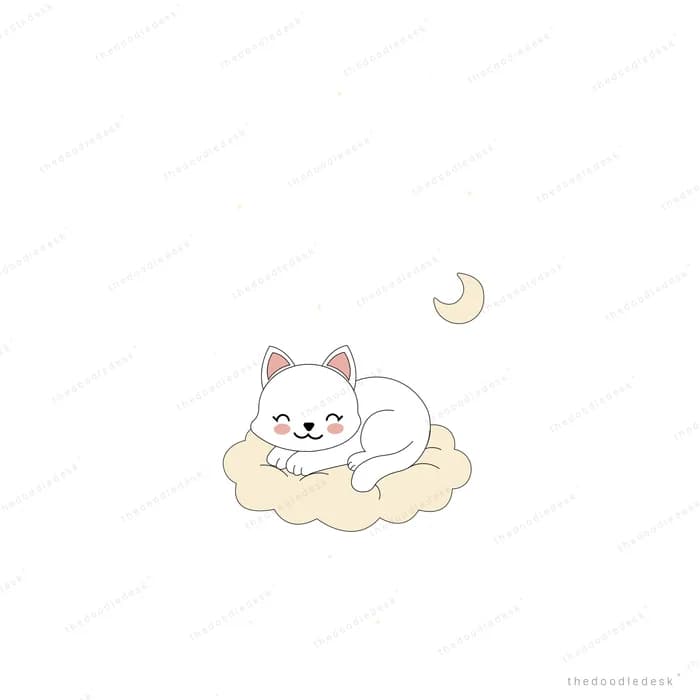 White cat curled asleep on a small cloud beside a crescent moon