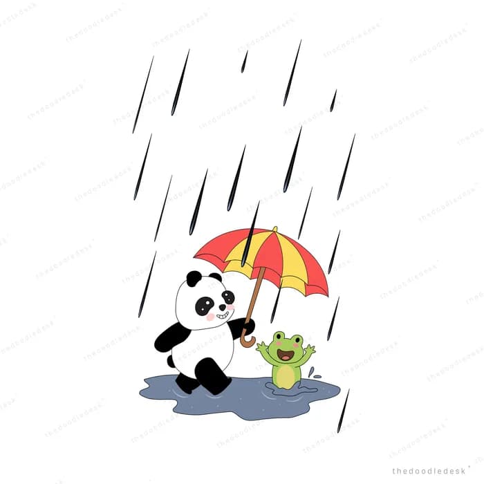 Panda sharing a yellow umbrella with a small frog in pouring rain