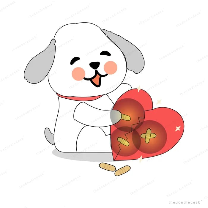 White dog hugging a red heart patched with sticking plasters