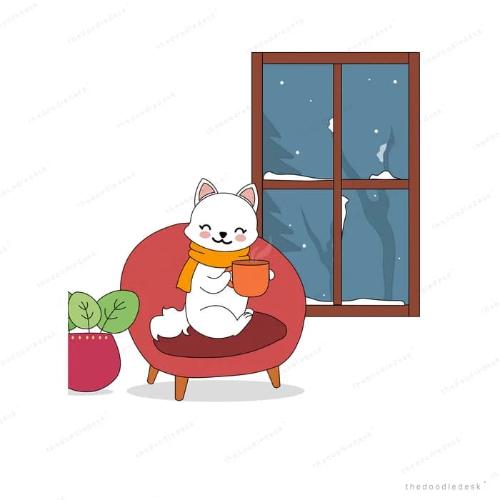 White cat curled in a red armchair beside a window with snow falling outside