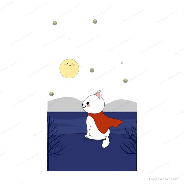 White cat in a red scarf sitting alone on a dark snowy field at night