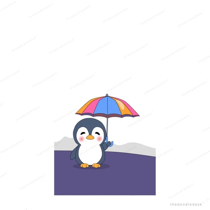 Penguin holding a striped umbrella on a snowy ledge