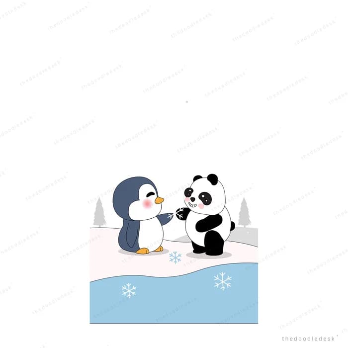 Penguin and panda greeting each other on an icy ledge