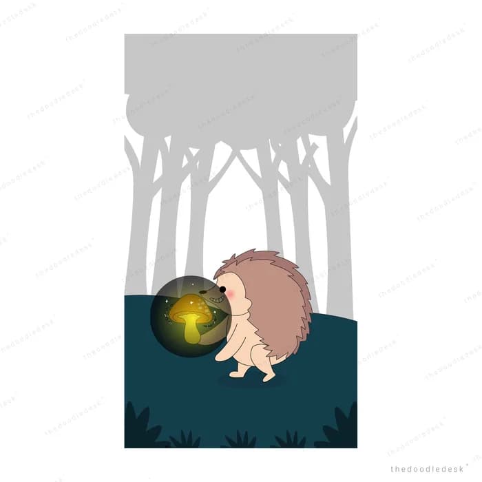 Hedgehog carrying a glowing mushroom lamp through a dark forest