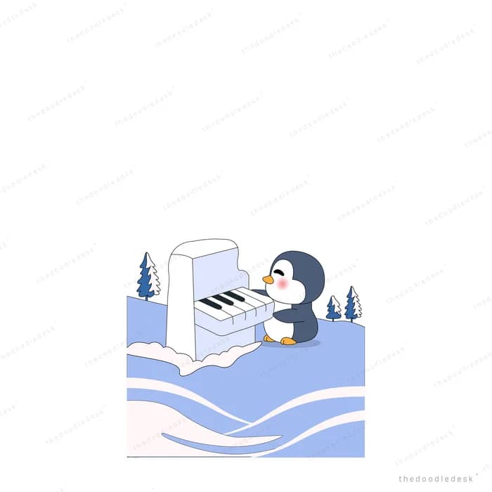 Penguin playing an upright piano in a snowy landscape