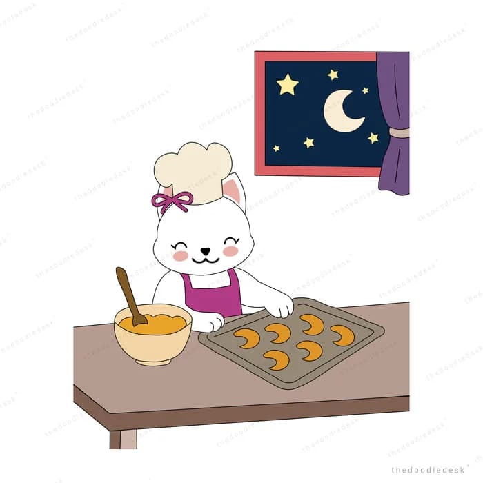 White rabbit in a chef hat laying out cookies on a baking tray by a night window