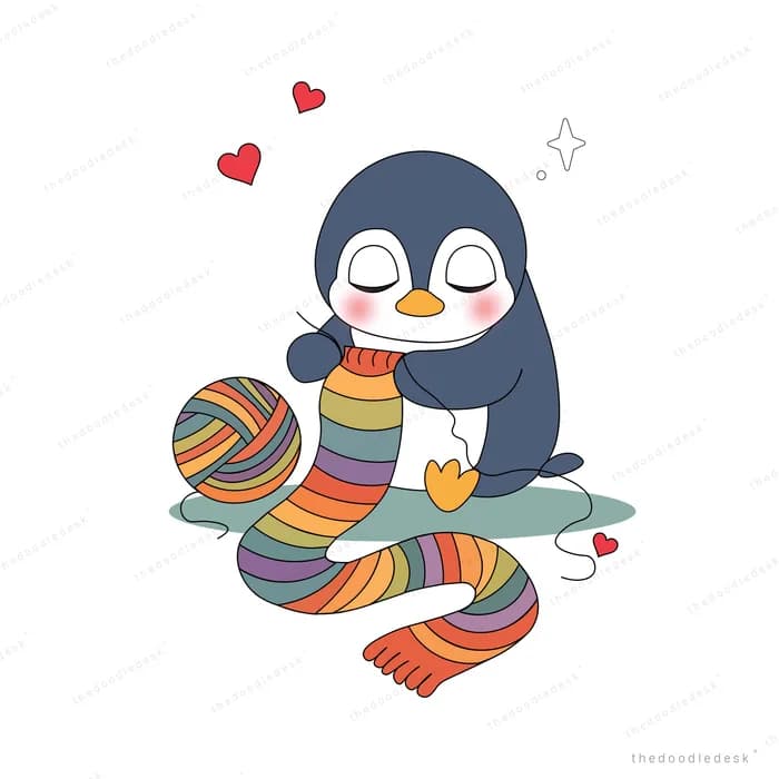 Penguin knitting a long striped scarf from balls of yarn