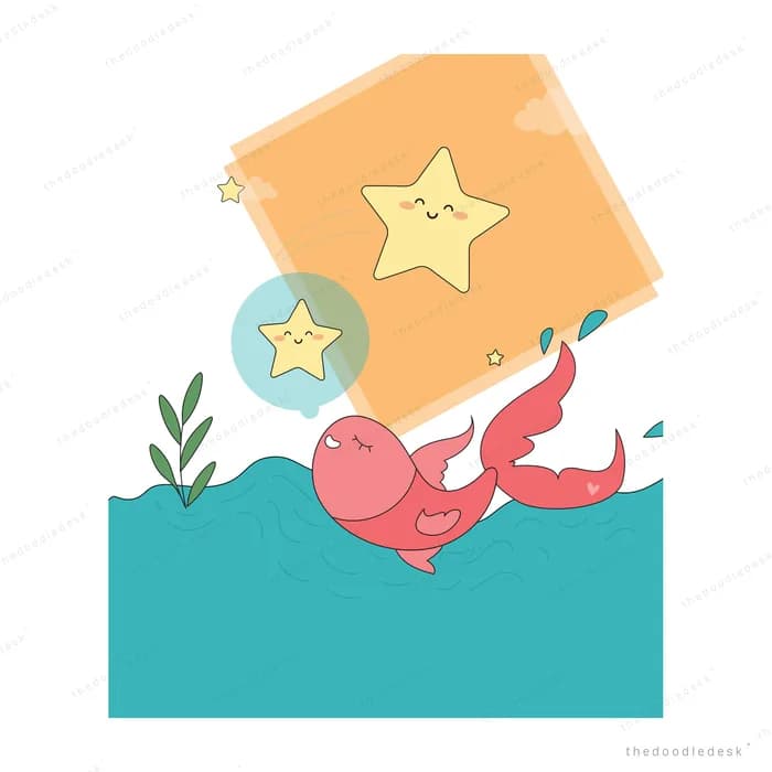 A pink whale splashing in the sea while a chick floats above in a bubble
