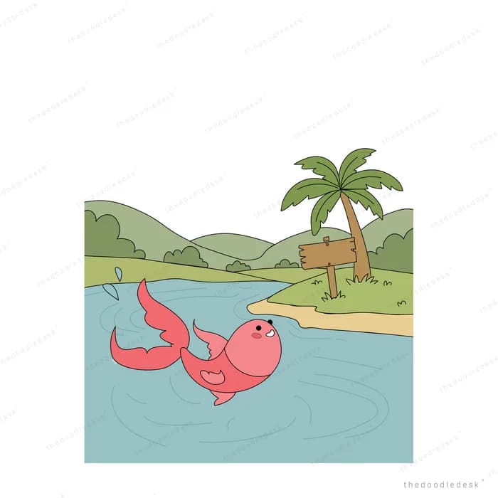 Two pink birds wading in a stream beside a signpost in a palm landscape