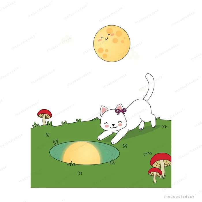 White cat peering into a pond that holds the reflection of the full moon