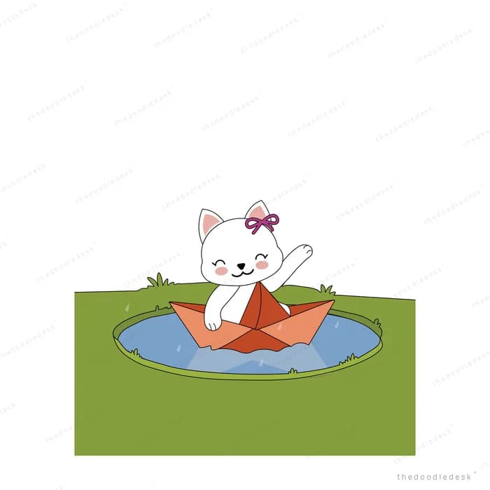 White cat lying in a red paper boat on a green field holding a flower
