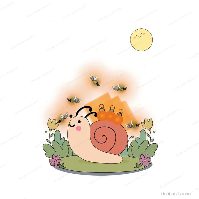 Snail yawning on a grassy patch among glowing flowers with fireflies and a small moon above