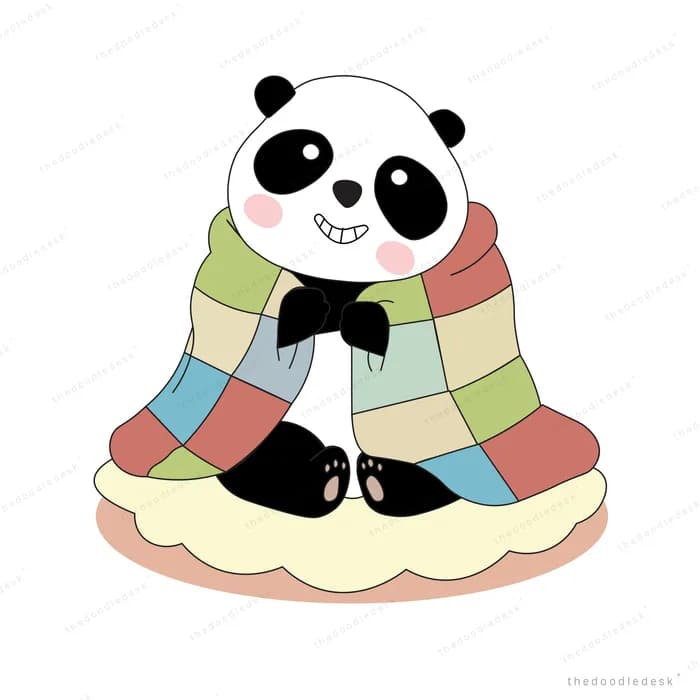 Panda in a bow tie sitting wrapped in a colourful patchwork blanket on a cushion