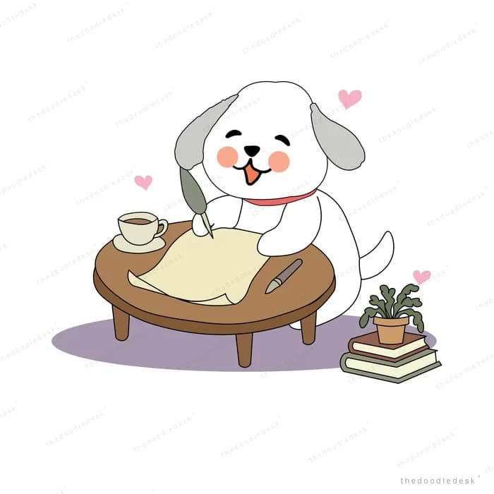 White dog writing with a quill at a low round table with a teacup, plant and books