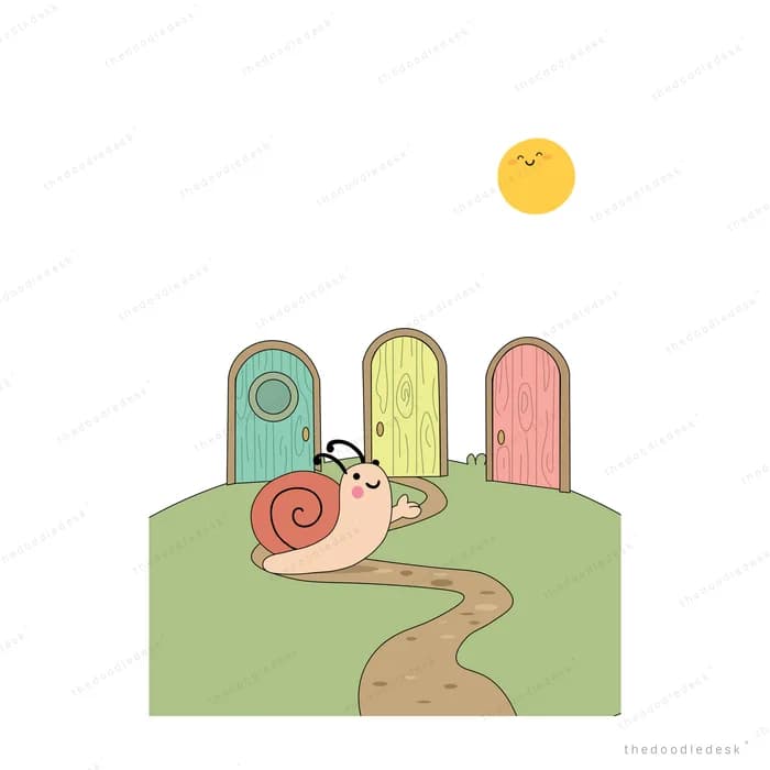 Snail crawling up a grassy hill toward a row of coloured doors under a smiling sun