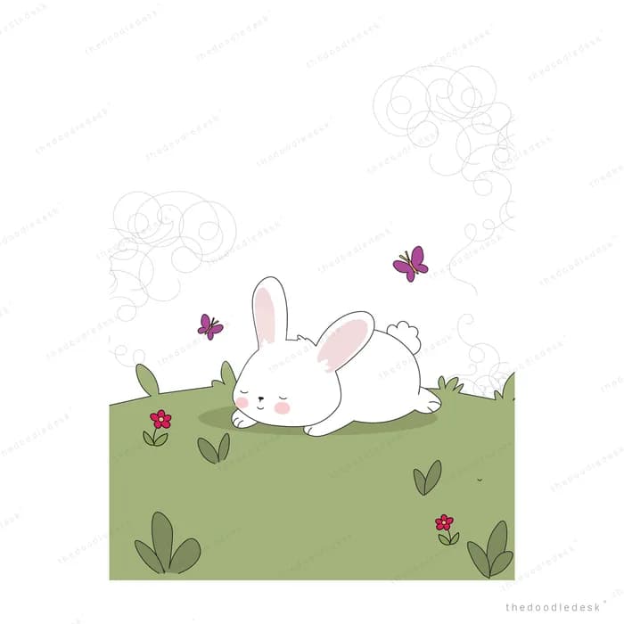 White rabbit resting on a green leafy mound with butterflies in a pale washed-out scene