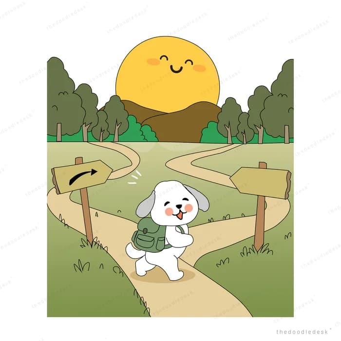 White dog with a backpack pausing at a fork in the path between two signposts under a smiling sun