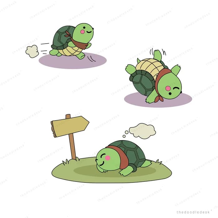 Three small turtles crawling across an empty field, one passing a tiny signpost