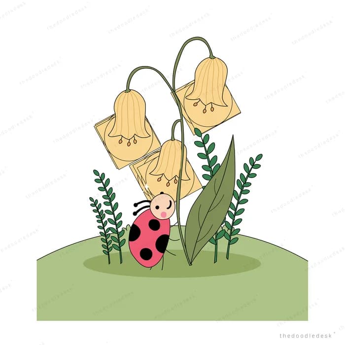 Ladybug climbing a grassy slope beside tall yellow bell flowers