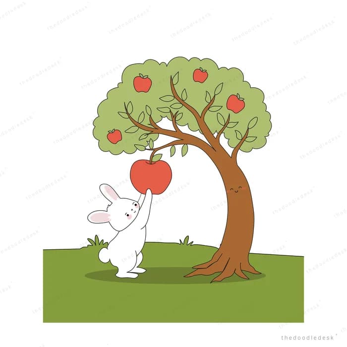 White rabbit stretching up to reach a red apple hanging from an apple tree