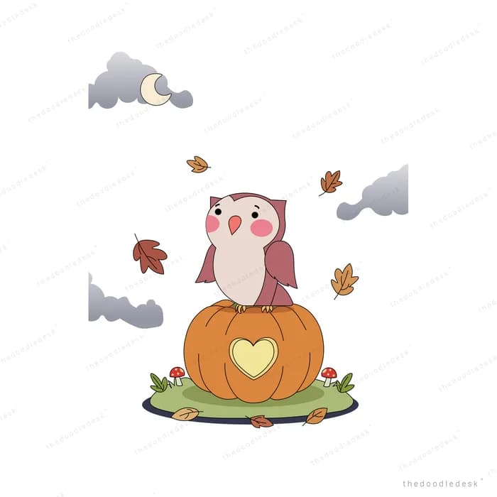 Owl sitting on a big orange pumpkin among falling autumn leaves and grey clouds