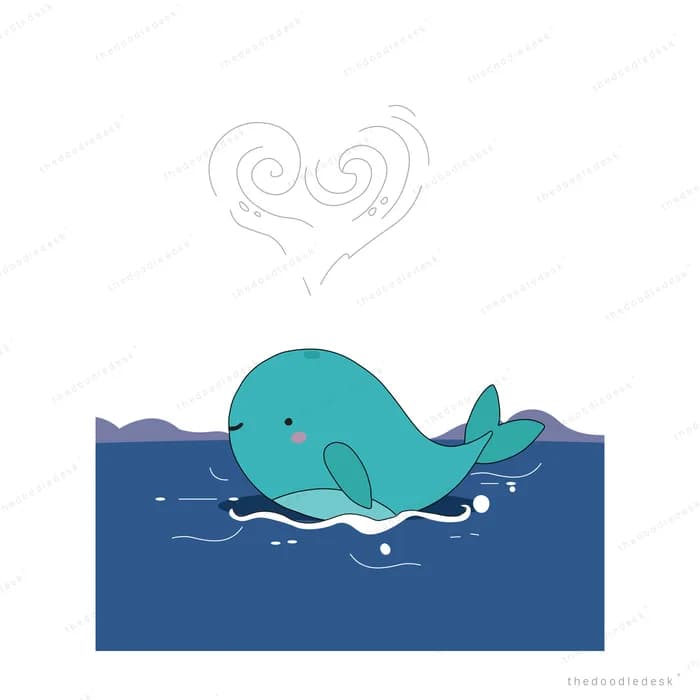 Whale surfacing in the deep blue sea and spouting a heart-shaped spray