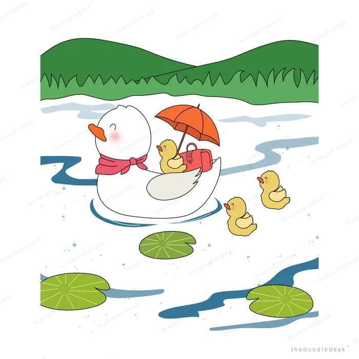Mother duck holding an orange umbrella over her ducklings on a pond with lily pads